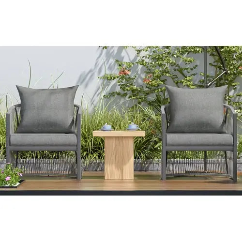 Set Of 2 Modern Gray Curved Aluminum Lounge Chair With Stylish Rope-Weave Design And Cushioned Comfort, Perfect For Outdoor Living My Store
