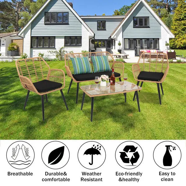 Yellow Round Rattan, Black Seat Cushion, Braided Rattan Four-piece Set My Store