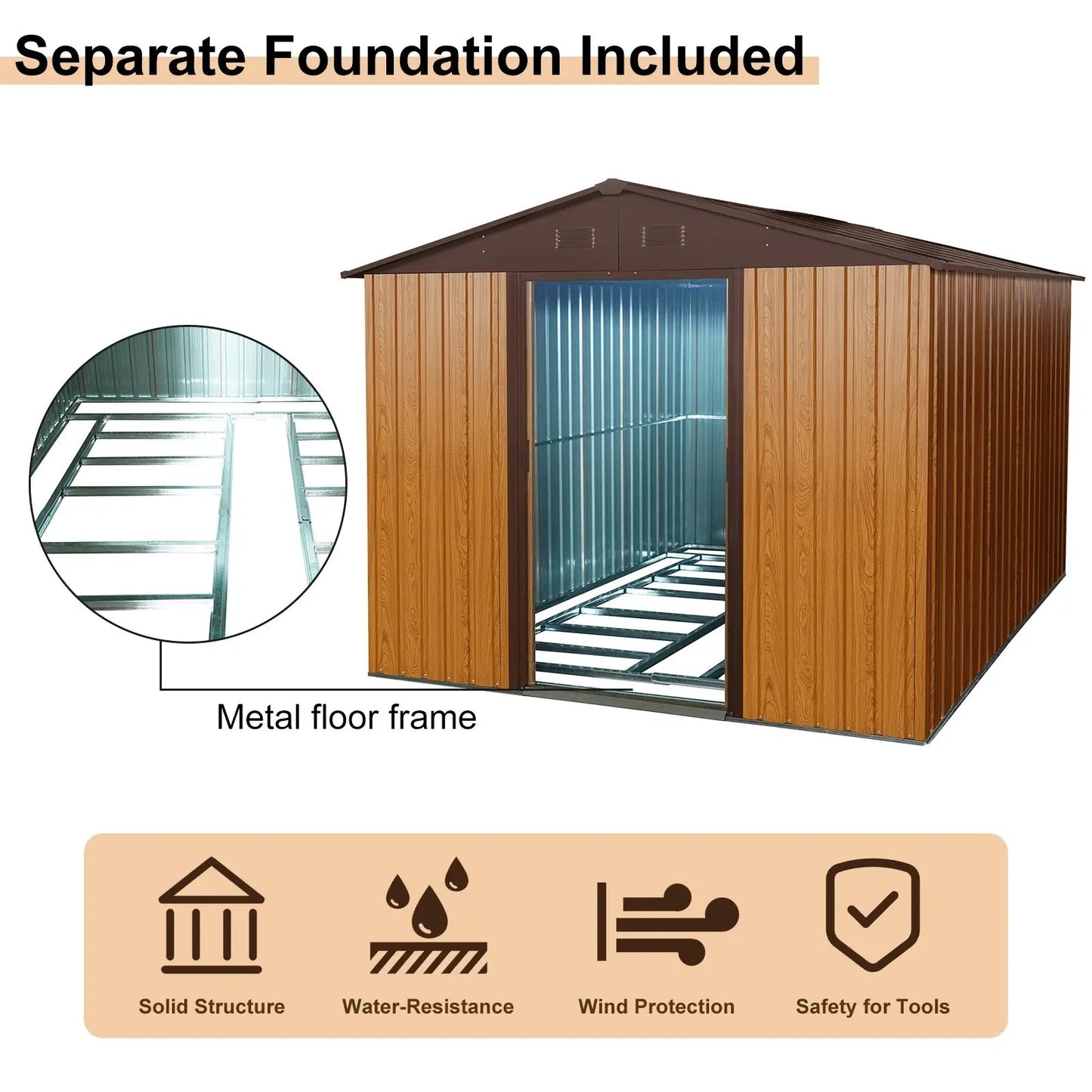 10ft X 8ft Outdoor Metal Storage Shed With Metal Floor Base,Coffee My Store