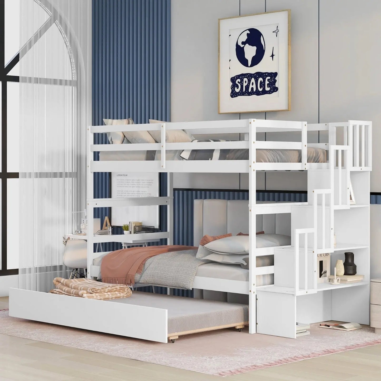 Twin Bunk Beds With Trundle & Stairway Storage In White Siesta