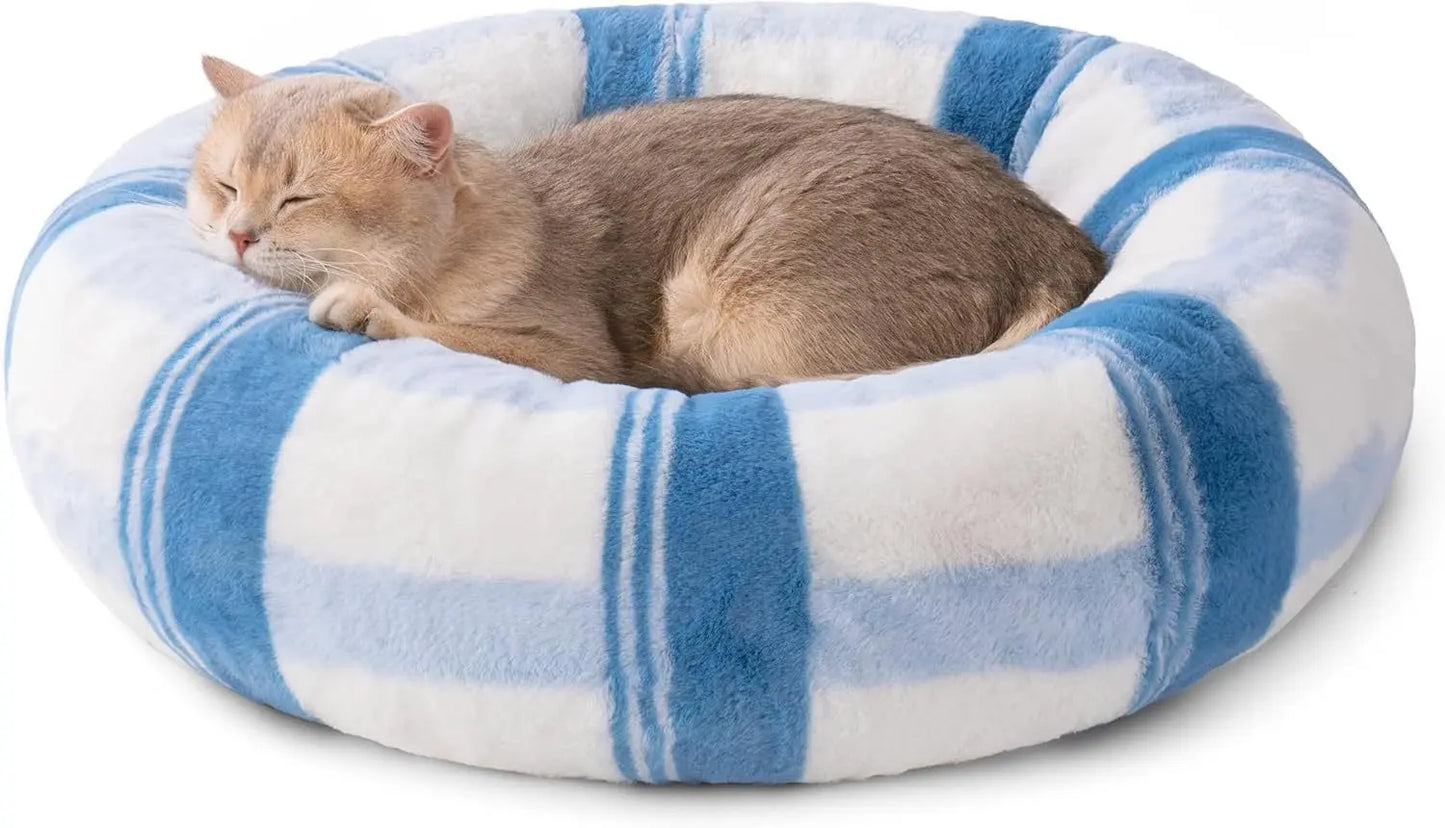 Plush Round Calming Washable Pet Bed With Non-Slip Bottom- Blue Striped My Store