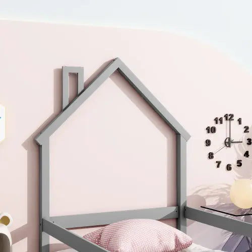 Twin Size Wood Bed With House-shaped Headboard Floor Bed With Fences,Grey My Store