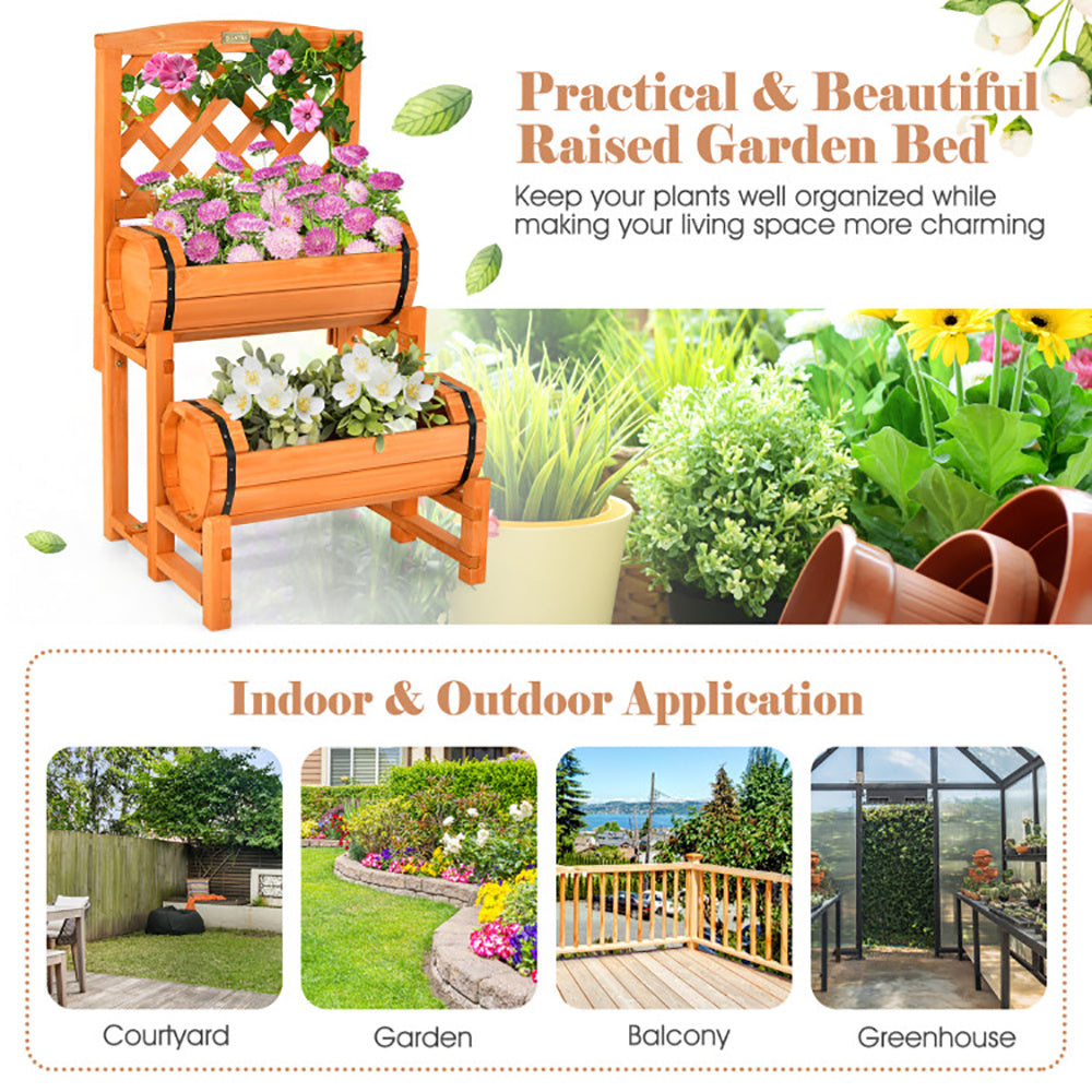 Wooden 2-Tier Raised Garden Bed With 2 Cylindrical Planter Boxes And Trellis Ohberri