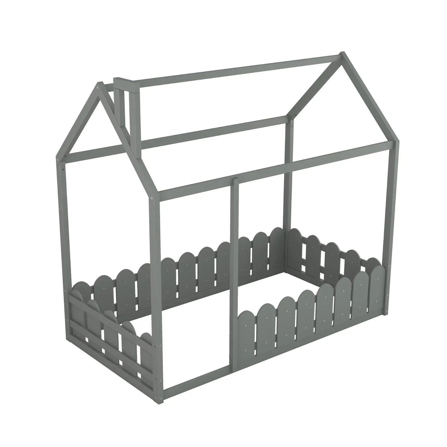 Twin Size Wood House Bed Frame With Fence For Kids, Teens - No Slats My Store