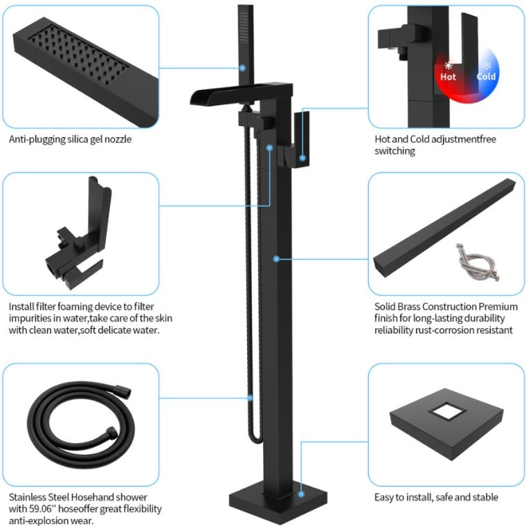 Thermostatic Freestanding Bathtub Faucet Waterfall Tub Filler -Black Inkedjoy