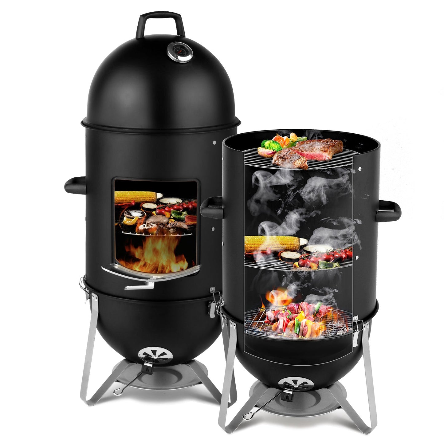3-layer Oval Cylinder Smoker Iron Charcoal Grill Inkedjoy