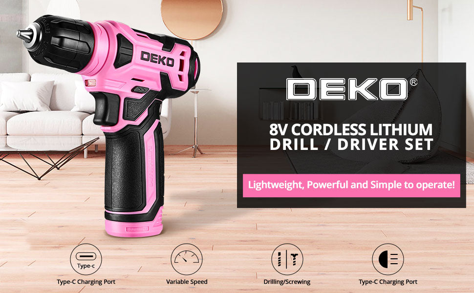 DEKO 8V Pink Cordless Drill, Drill Set with 3/8"Keyless Chuck, 42pcs Ohberri