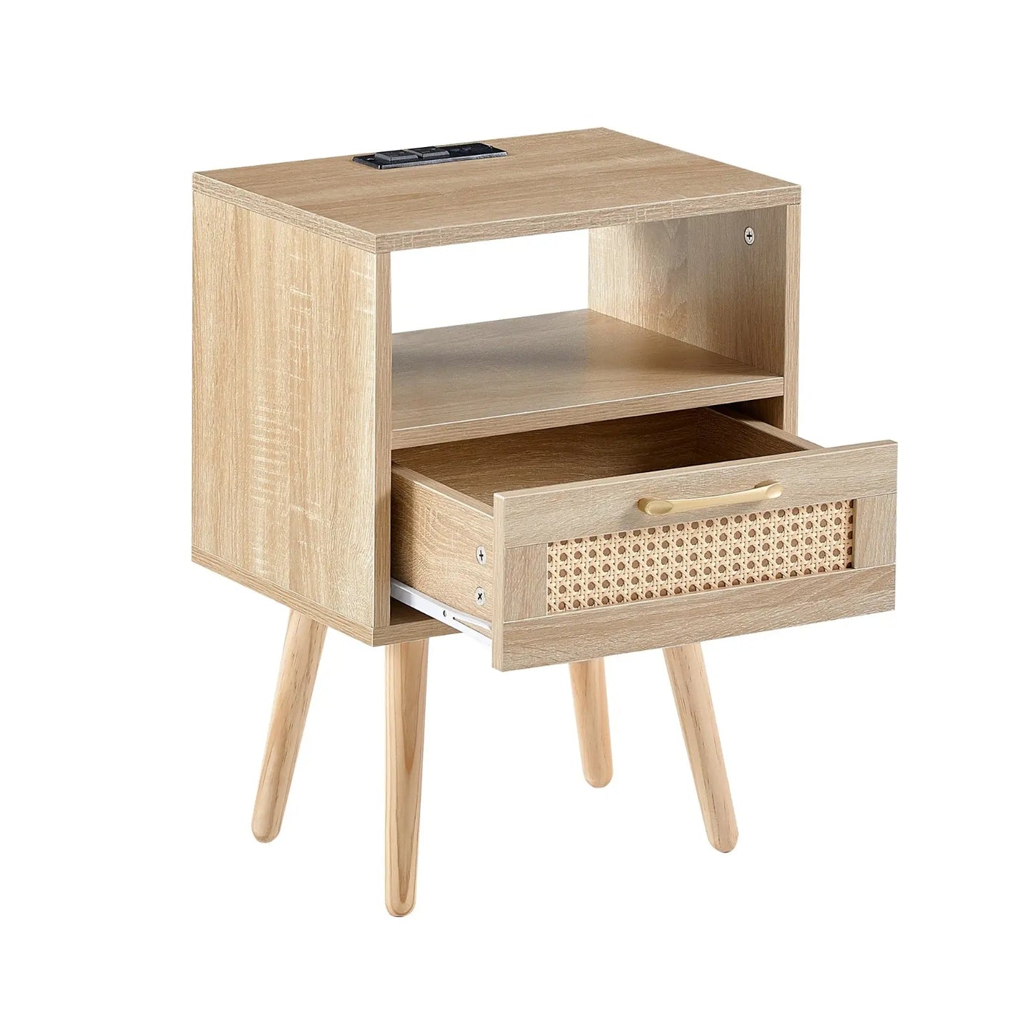 15.75 Rattan End Table With Power Outlet, USB Ports, Drawer Solid Wood My Store