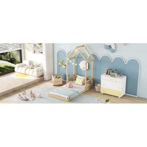 Twin House-shaped Roof Headboard Floor Bed,,without Slats,Natural My Store
