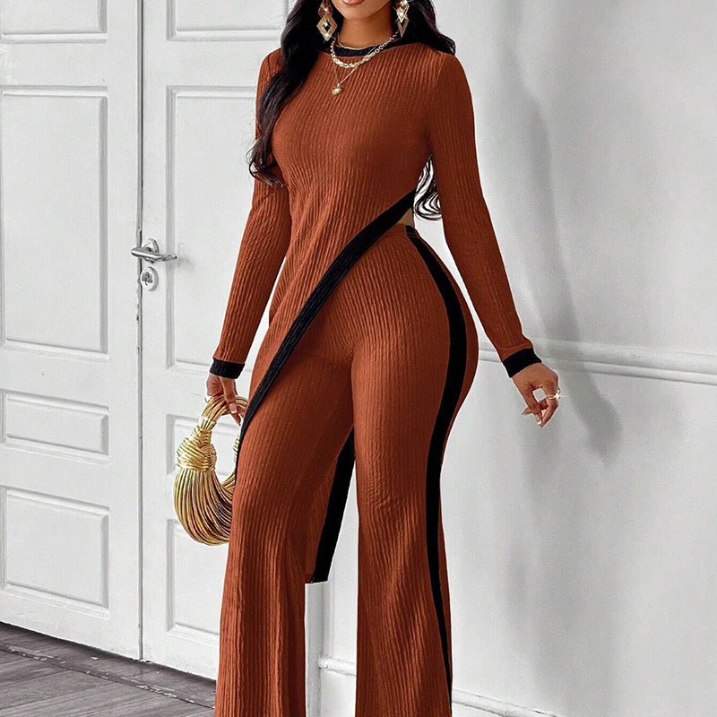 Women's 2 Piece Outfit Sexy Asymmetrical Hem Long Sleeve Top And Wide Leg Pants Sets Elegant Vacation Going Out Suit Inkedjoy