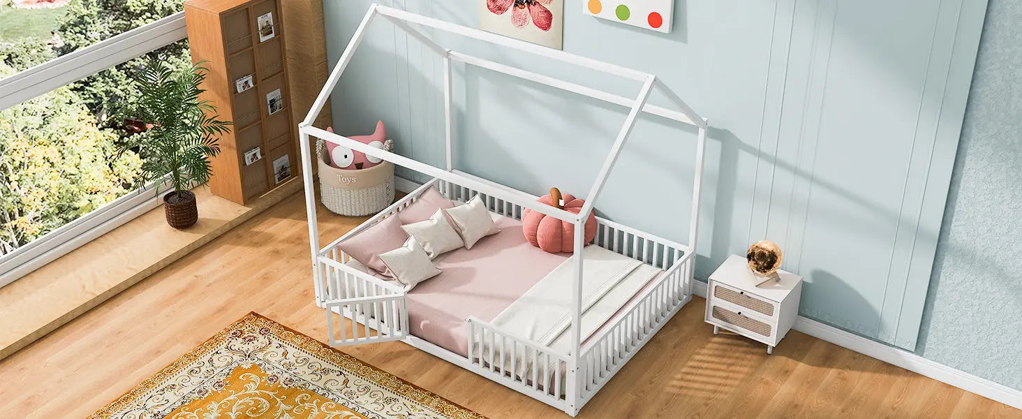 Full Size Metal House Bed With Fence And Door, White My Store
