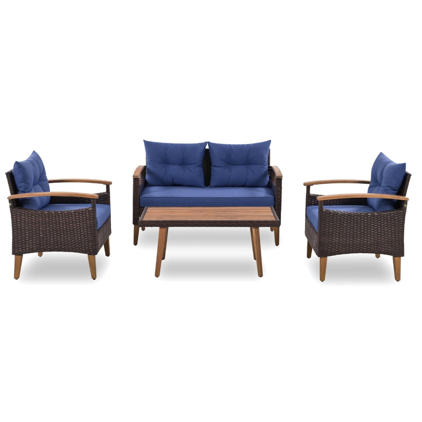 4-Piece Garden Furniture, Patio Seating Set, PE Rattan Outdoor Sofa Set, Wood Table And Legs, Brown And Blue Inkedjoy