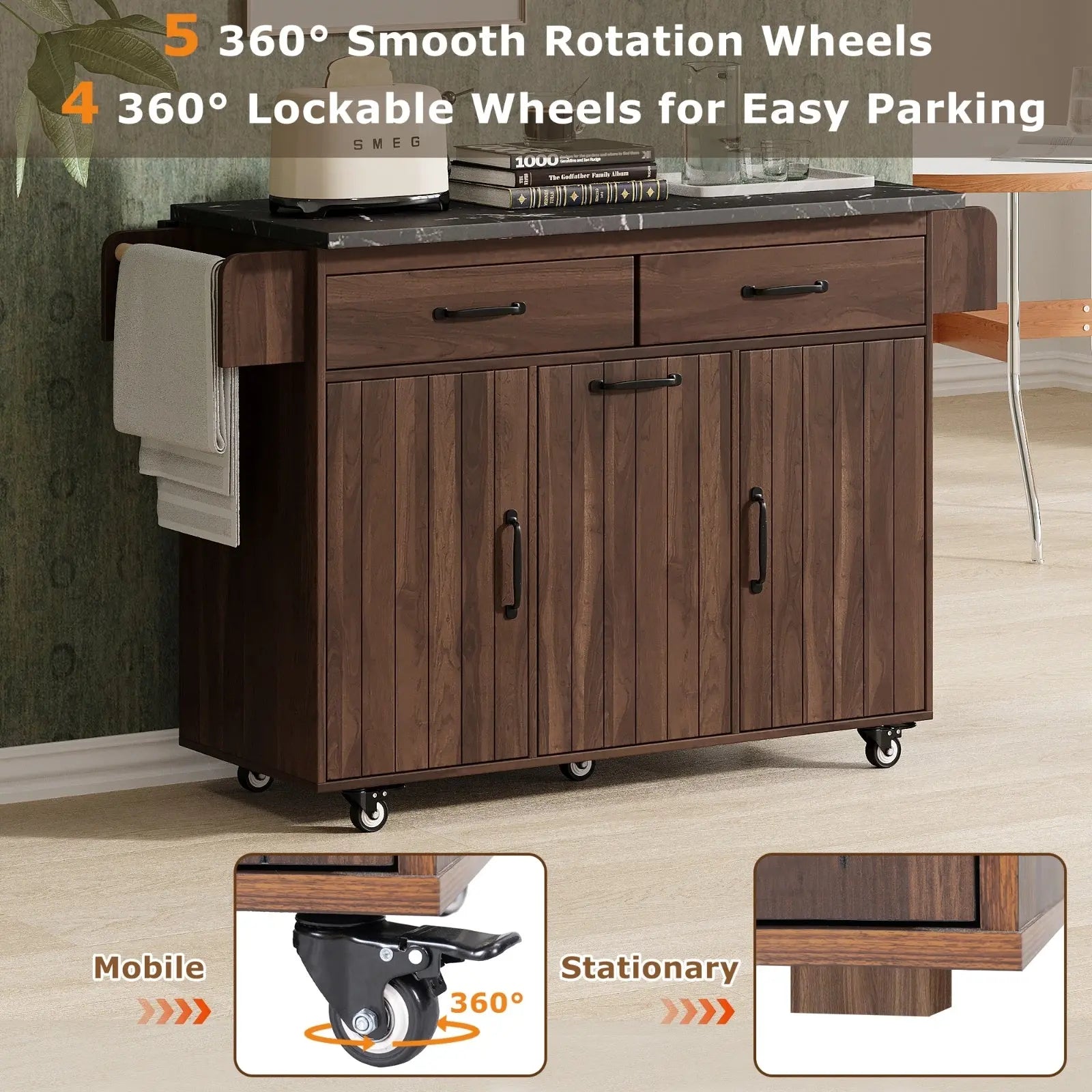 K&K Kitchen Island With Trash Can Storage Cabinet, Kitchen Cart With Drop Leaf, Spice Rack, Towel Ra My Store