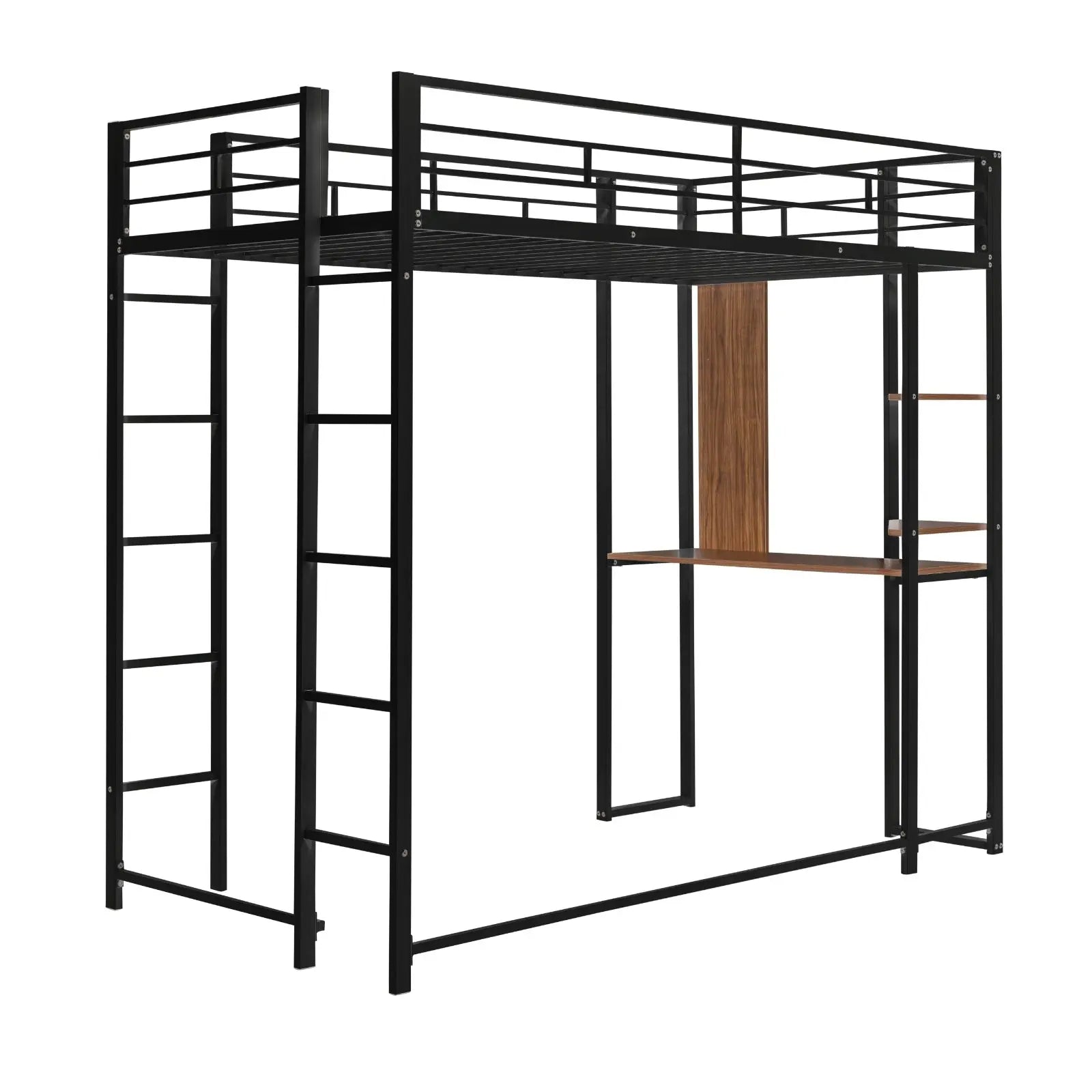 Twin Metal Loft Bed With 2 Shelves And One Desk ,BLACK My Store