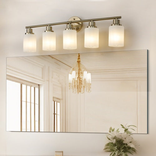 5 Lamps Gold Bathroom Vanity Lamp, Frosted Glass Shade, Modern Wall Mounted Lighting Inkedjoy