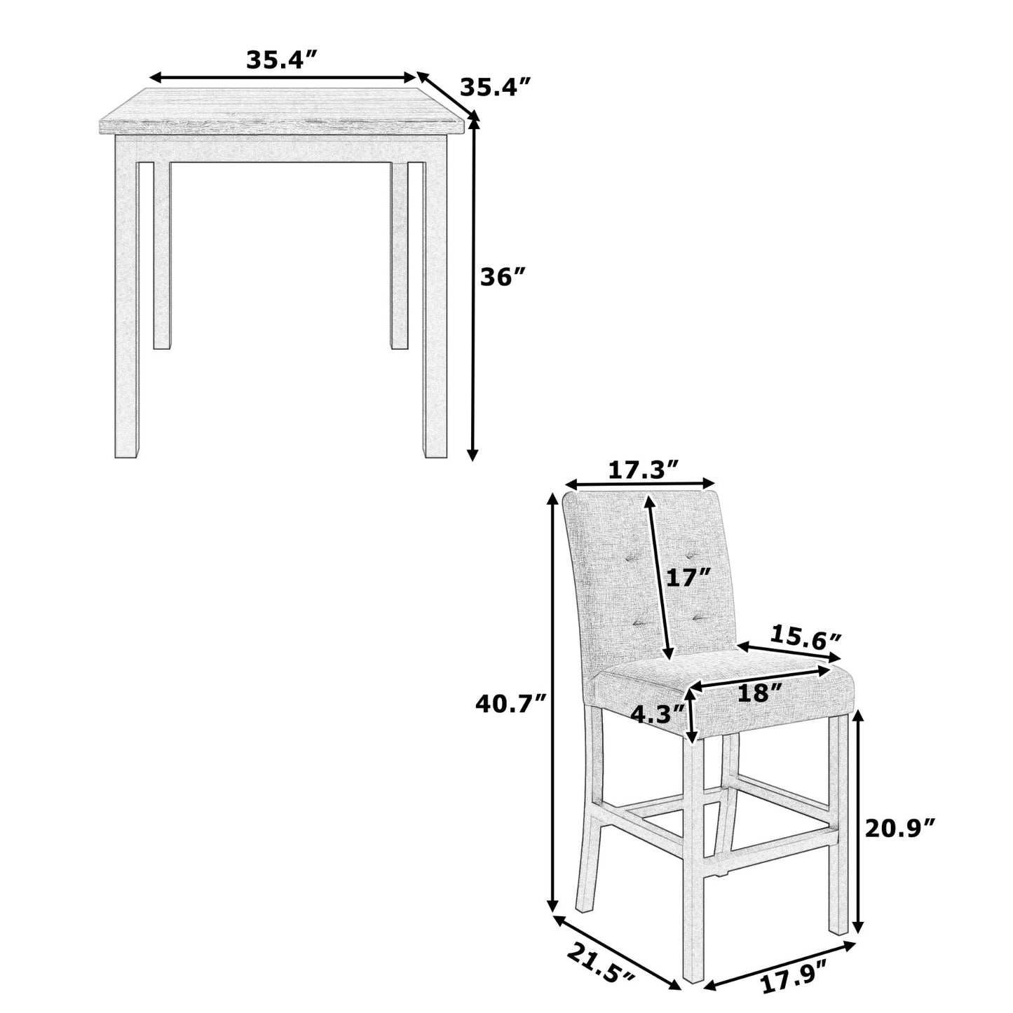 5-Piece Counter Height Dining Set, Wood Table Chairs Stools W Footrest Inkedjoy