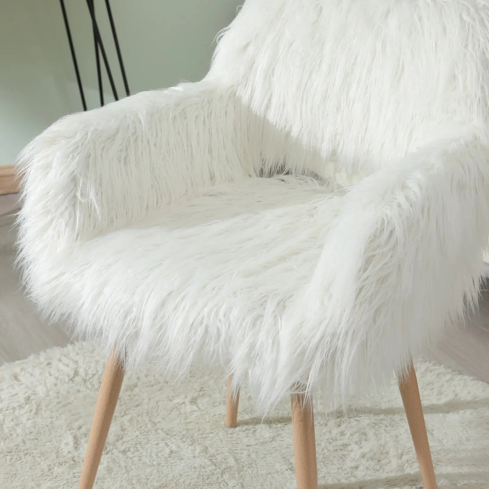 WHITE Faux Fur Upholstered Make Up Chair Side Dining Chair With Metal Leg WHITE Beech Metal Leg My Store
