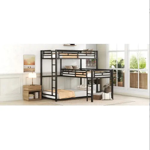 L-shaped Metal Triple Twin Size Bunk Bed, Black My Store