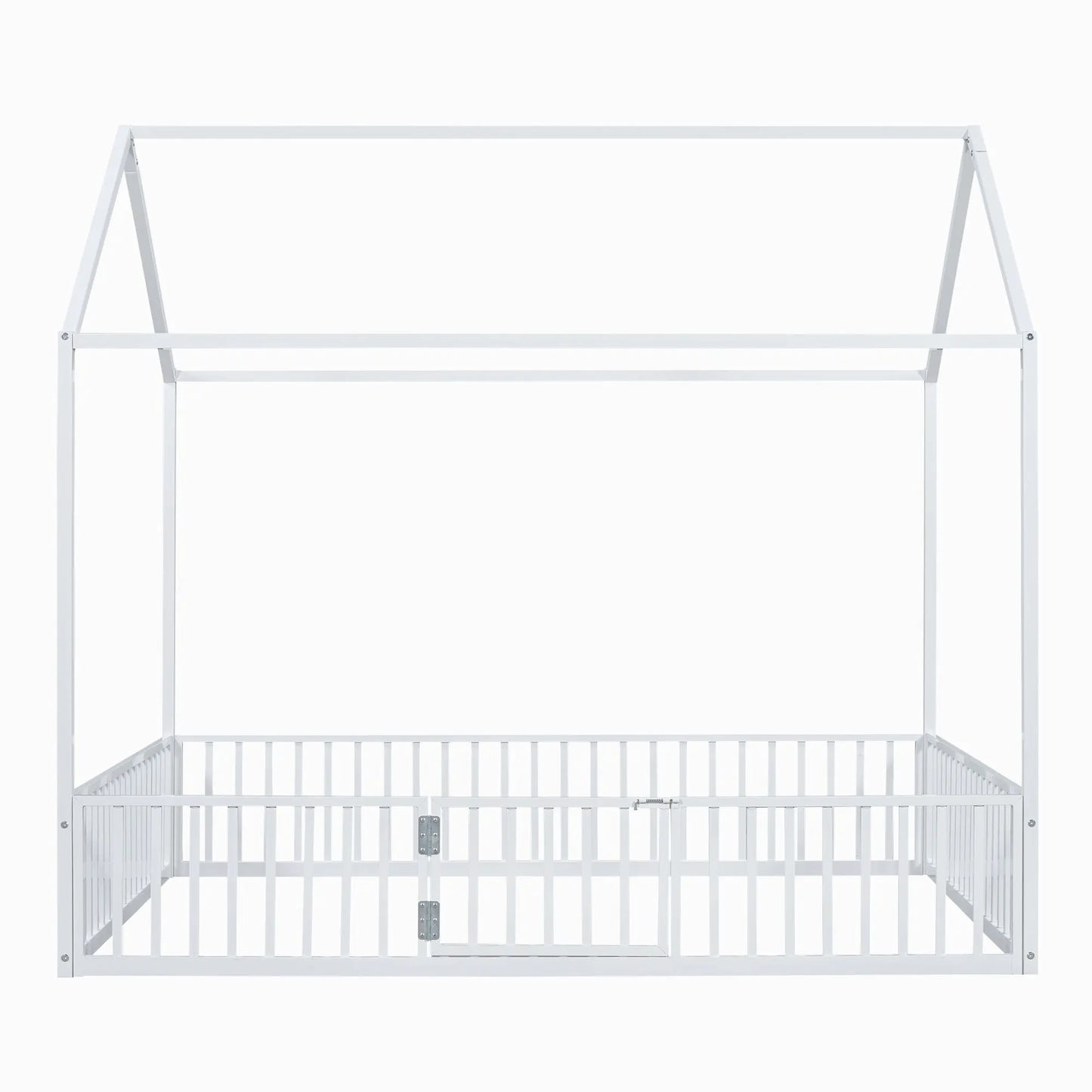 Full Size Metal House Bed With Fence And Door, White My Store