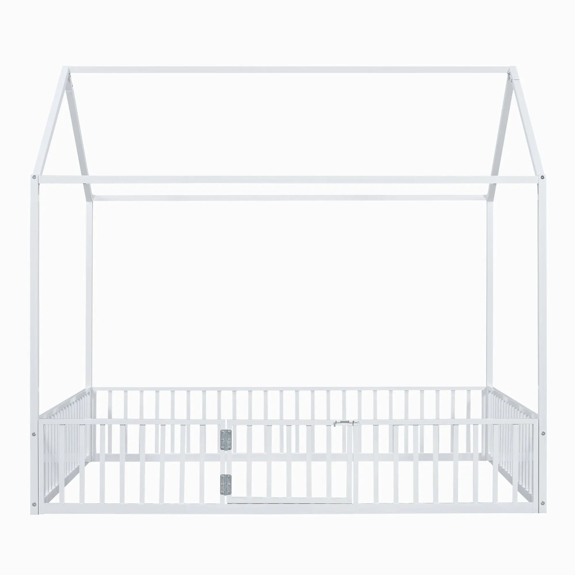 Full Size Metal House Bed With Fence And Door, White My Store