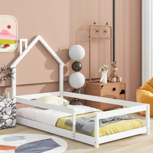 Twin Size Wood Bed With House-shaped Headboard Floor Bed With Fences,White My Store