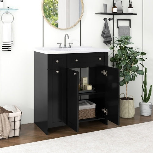 Vanity With Ceramic Sink Combo, Rich Storage Cabinet - 2 Drawers -Black My Store