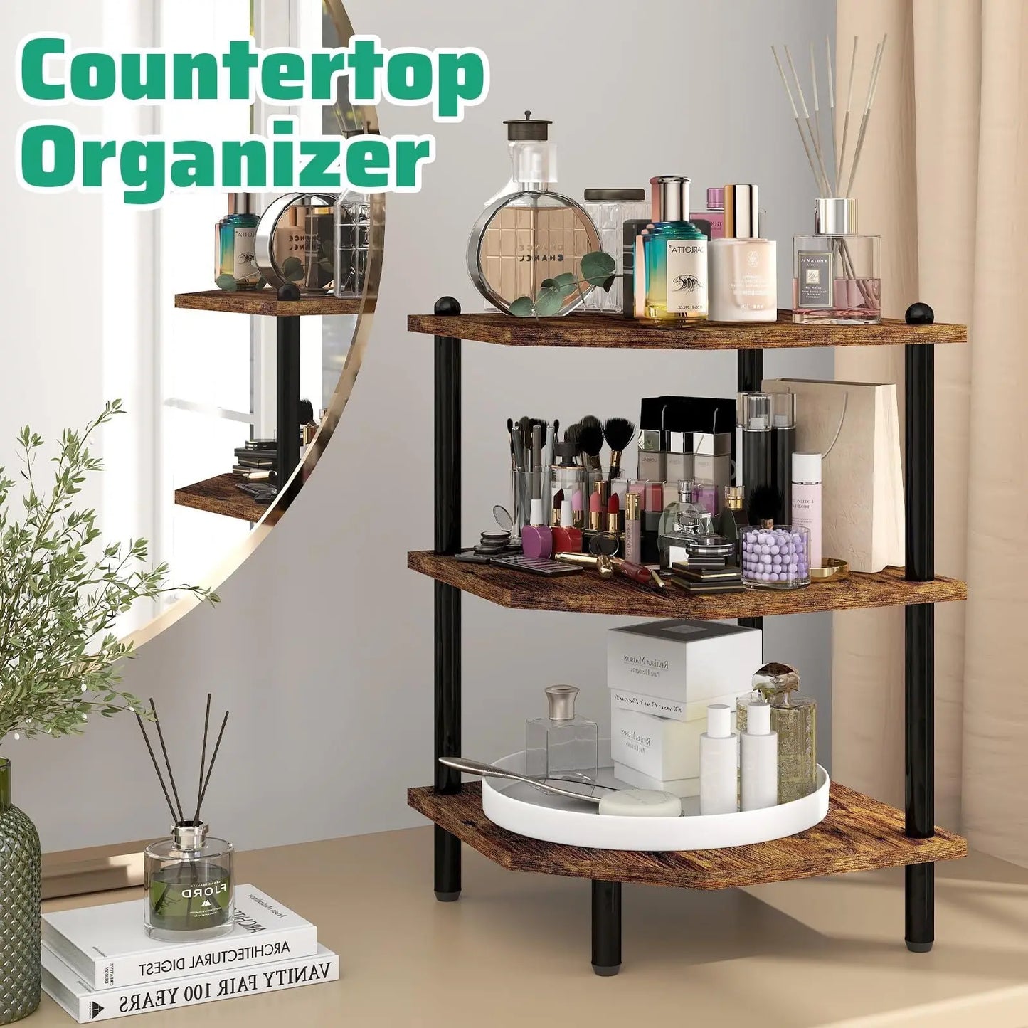 Desk Corner Shelves, Three-tier Corner Storage Shelves, Rustic Brown Shelves Suitable For Small Spaces, Suitable For Home Offices, Kitchens, Bathrooms My Store