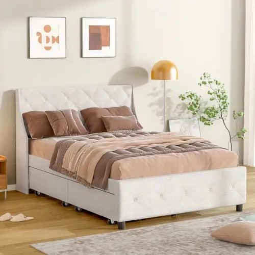 Queen Size Bed Frame With Storage Headboard, Metal Platform Bed My Store