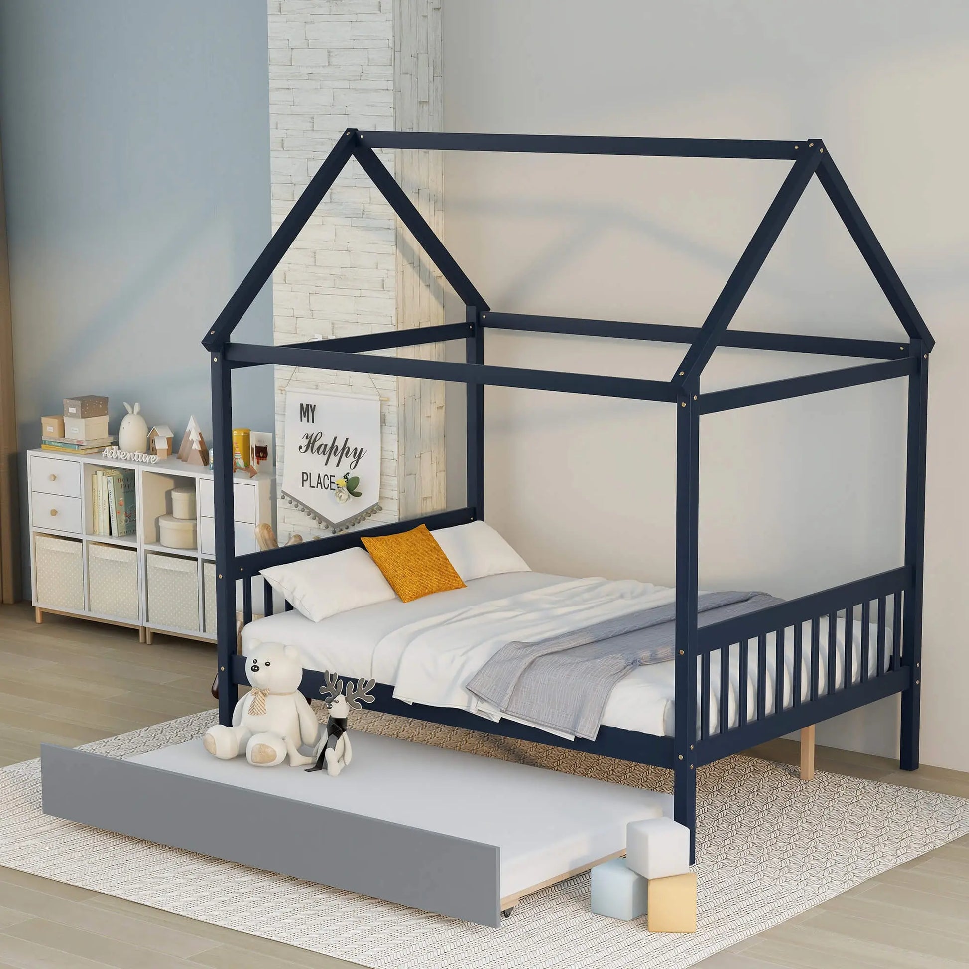 NAVY BLUE HOUSE FULL BED WITH TRUNDLE OF GREY COLOR My Store