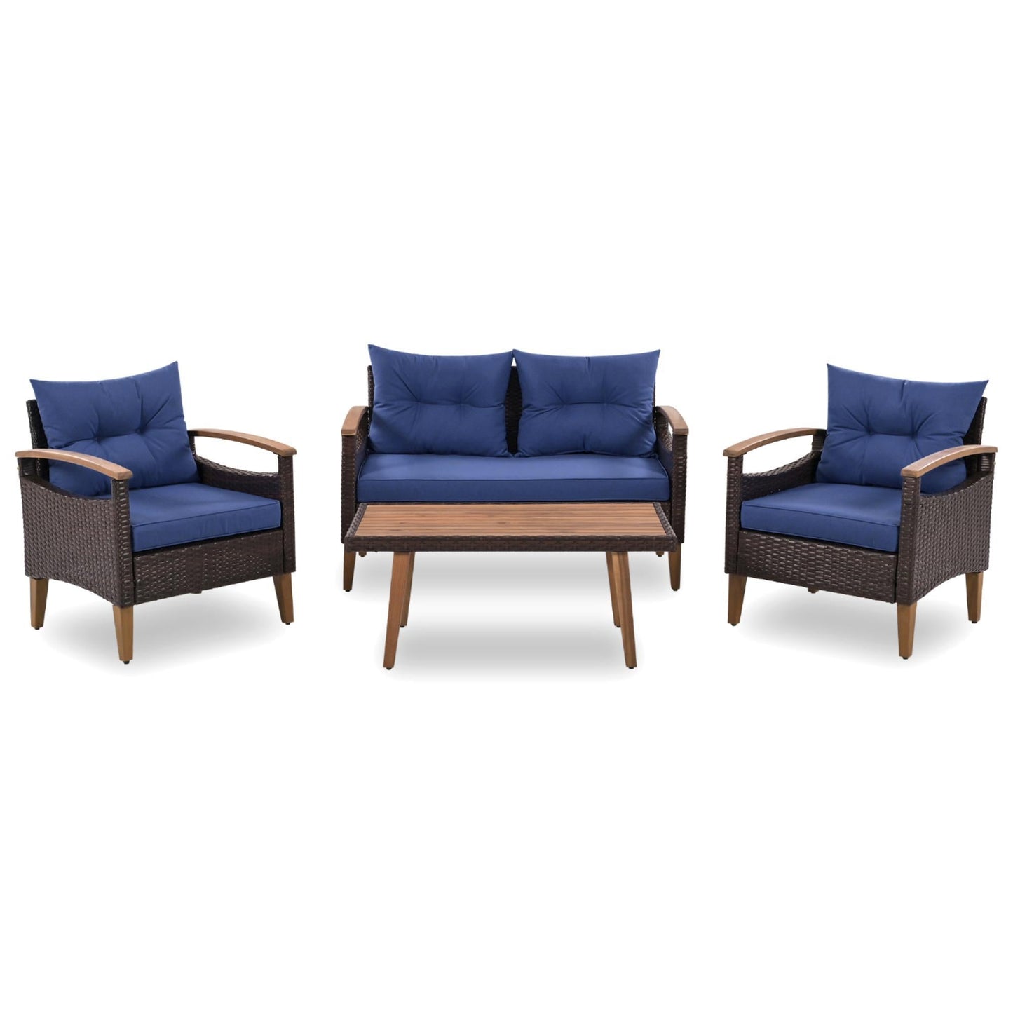4-Piece Garden Furniture, Patio Seating Set, PE Rattan Outdoor Sofa Set, Wood Table And Legs, Brown And Blue Inkedjoy