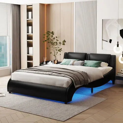 Full Size Upholstered Faux Leather Platform Bed With LED Light Bed Frame With Slatted - Black My Store
