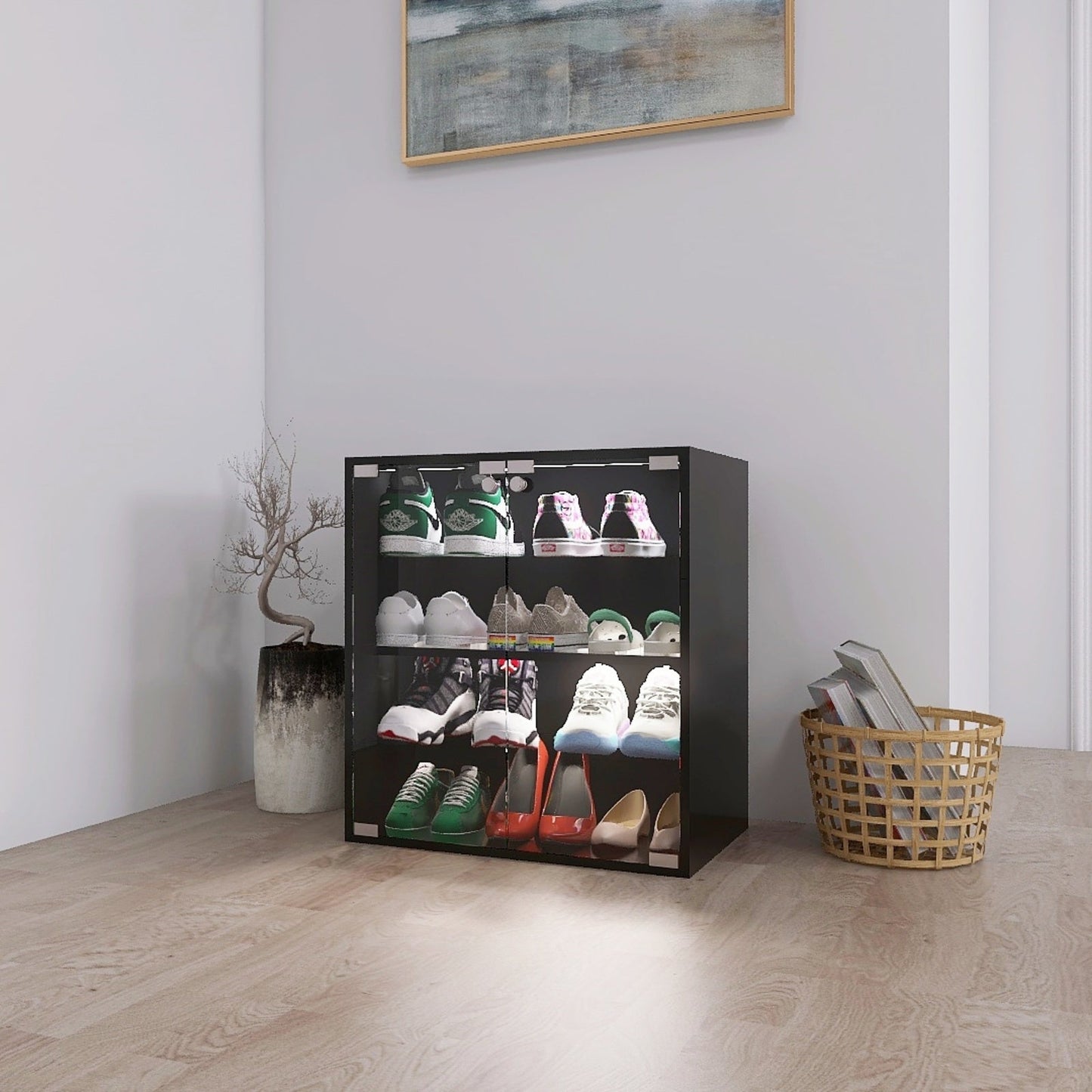 4-Layer Black Shoe Cabinet With Glass Door, LED Light Display Inkedjoy
