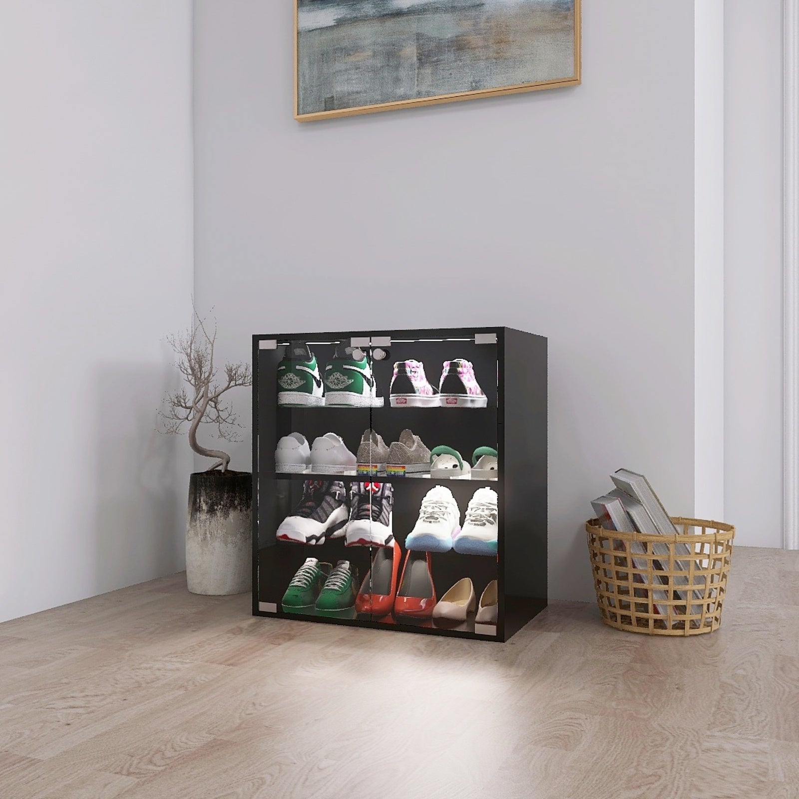 4-Layer Black Shoe Cabinet With Glass Door, LED Light Display Inkedjoy