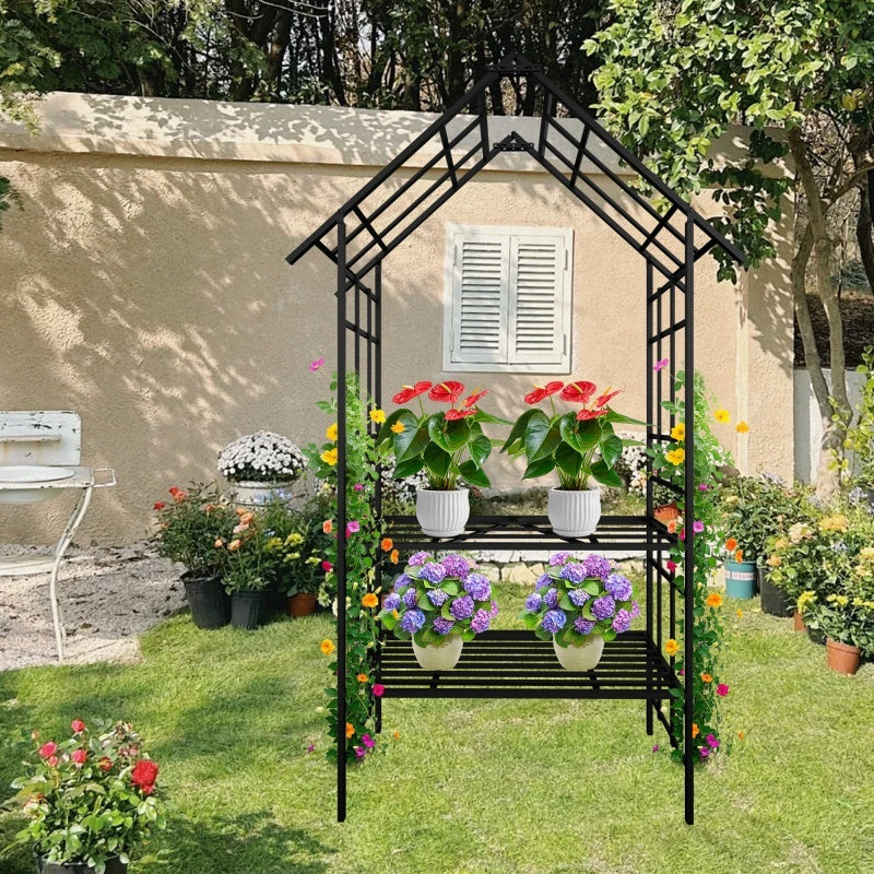 Metal Garden Arch, With Benches- Black Inkedjoy