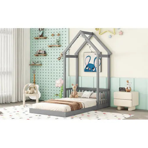 Twin House-shaped Roof Headboard Floor Bed,,without Slats,Grey My Store