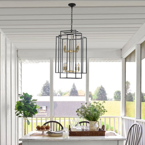8 Lights Black & Gold Lantern Tiered Chandelier, Industrial Farmhouse Chandelier Inkedjoy