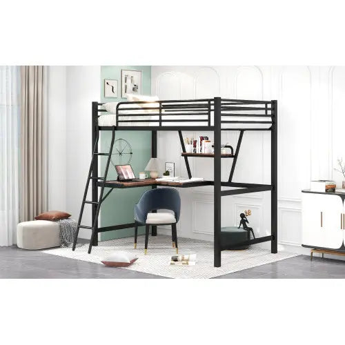 Twin Size Loft Metal&MDF Bed With Desk And Shelf, Black My Store