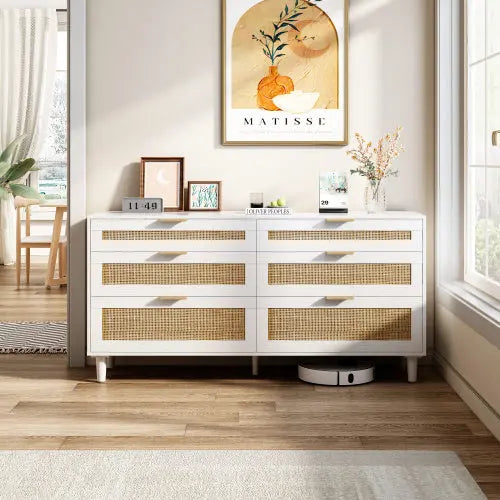 Rattan Dresser With 6 Drawers -White My Store