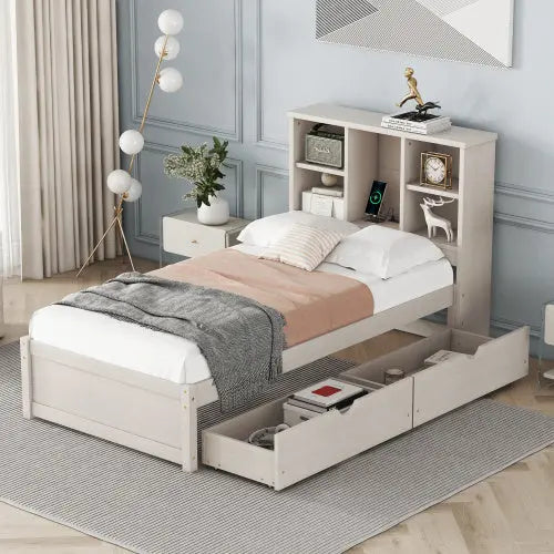 Modern Twin Size Bed Frame With Built-in USB Port On Bookcase Headboard And 2 Drawers For White Washed My Store