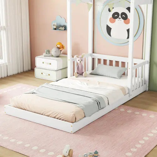 Twin House-shaped Roof Headboard Floor Bed,,without Slats,White My Store