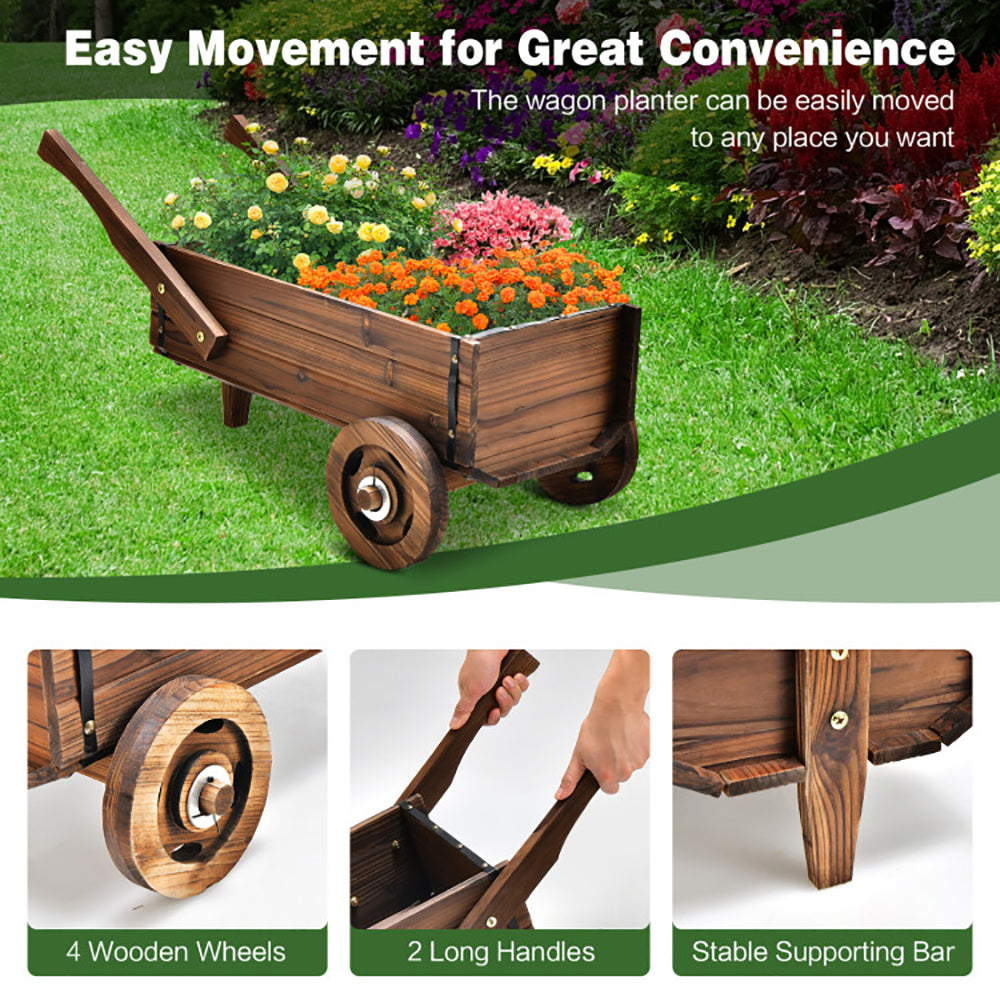 Wooden Wagon Planter Box With Wheels Handles And Drainage Hole My Store