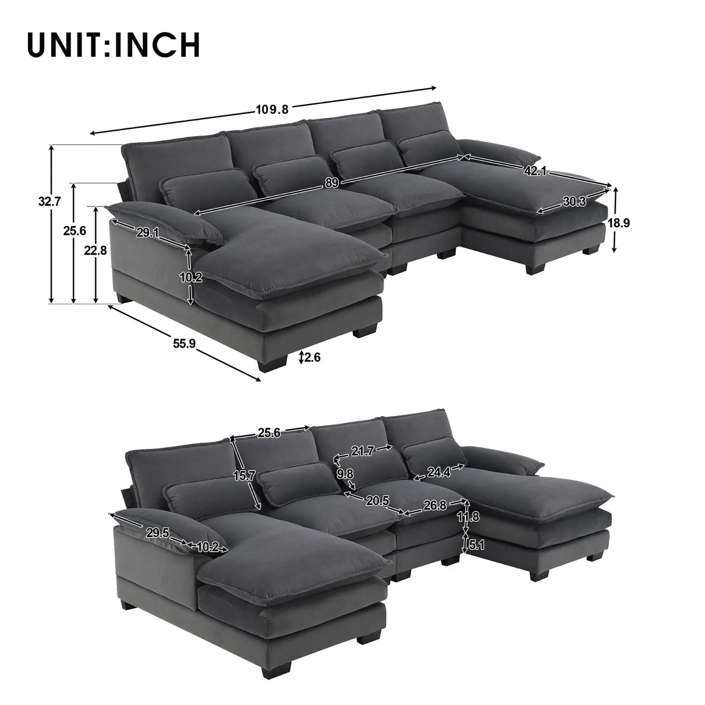 Modern U-shaped Sectional Sofa, 6-Seat With Waist Pillows My Store