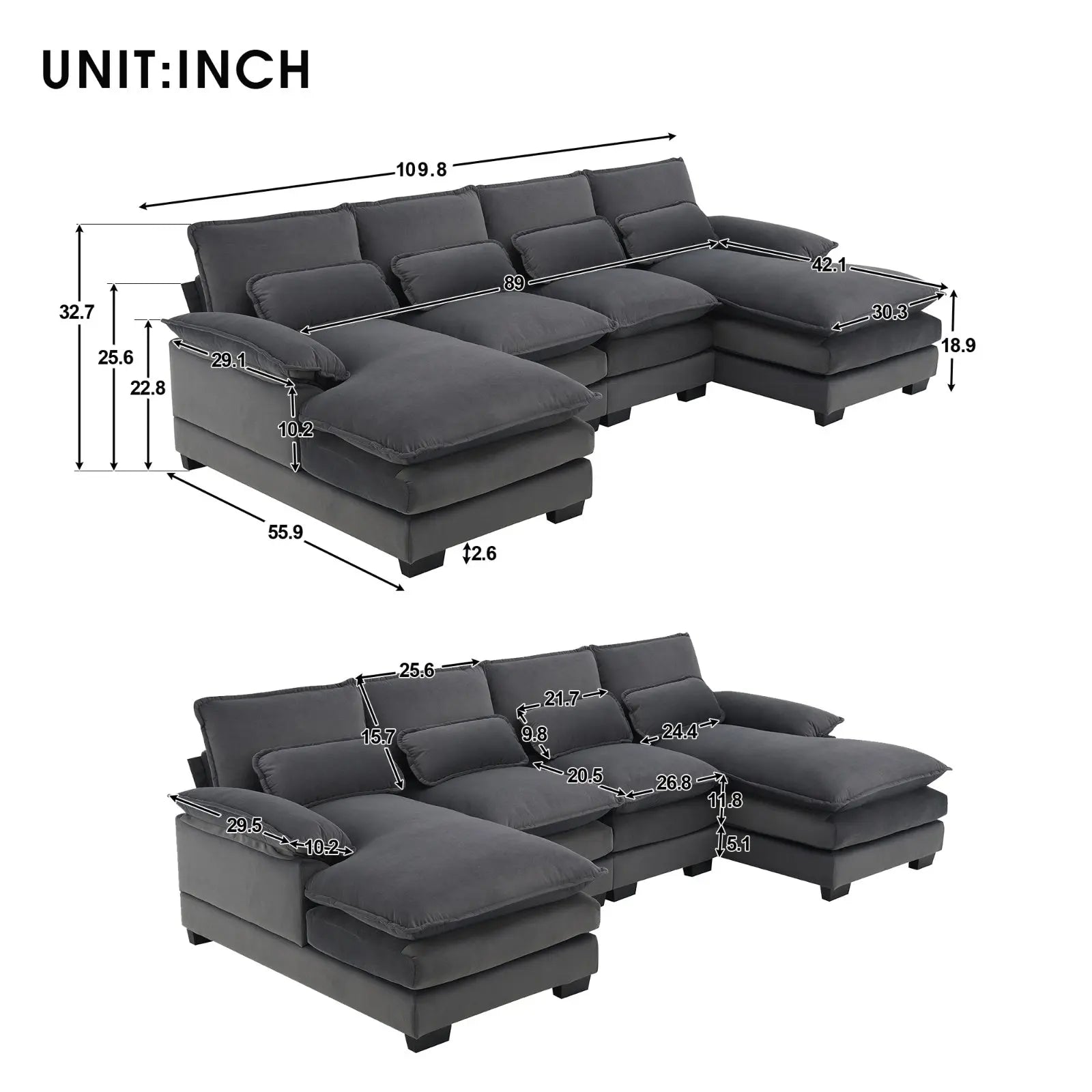 Modern U-shaped Sectional Sofa, 6-Seat With Waist Pillows My Store