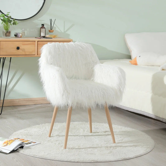 WHITE Faux Fur Upholstered Make Up Chair Side Dining Chair With Metal Leg WHITE Beech Metal Leg My Store
