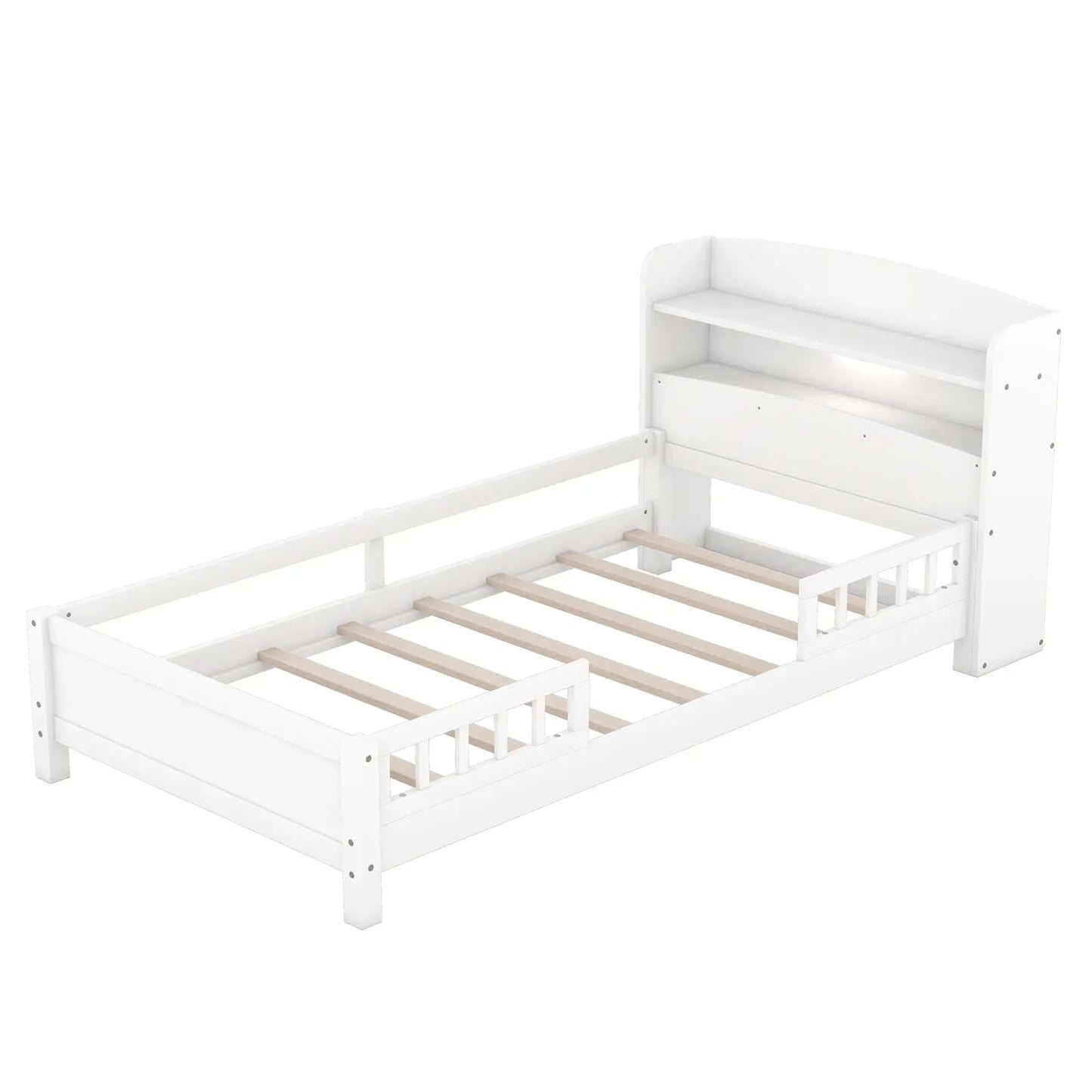 Twin Size Wood Platform Bed With LED, Storage Headboard & Guardrail, White My Store