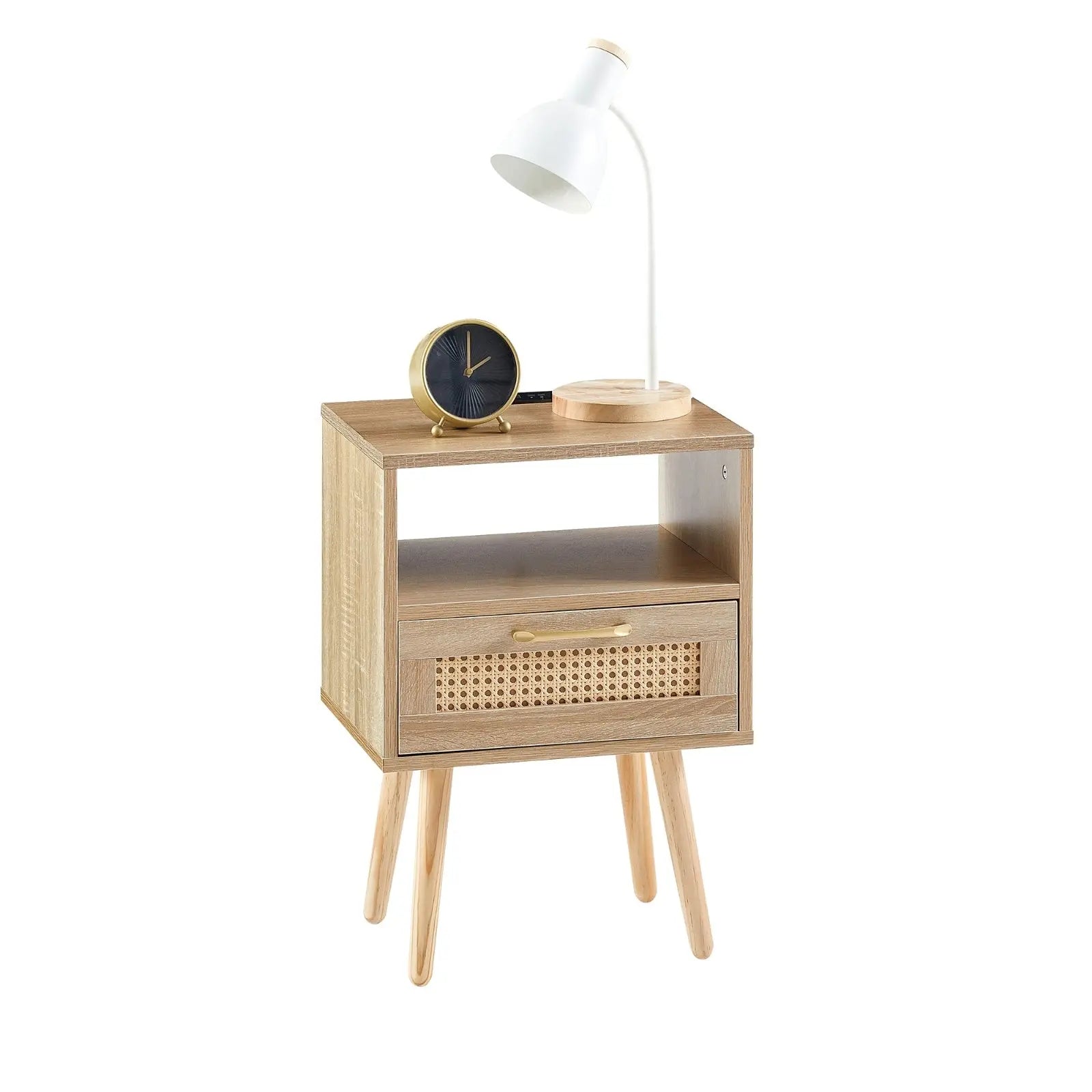 15.75  Rattan End Table With Power Outlet, USB Ports, Drawer   Solid Wood My Store