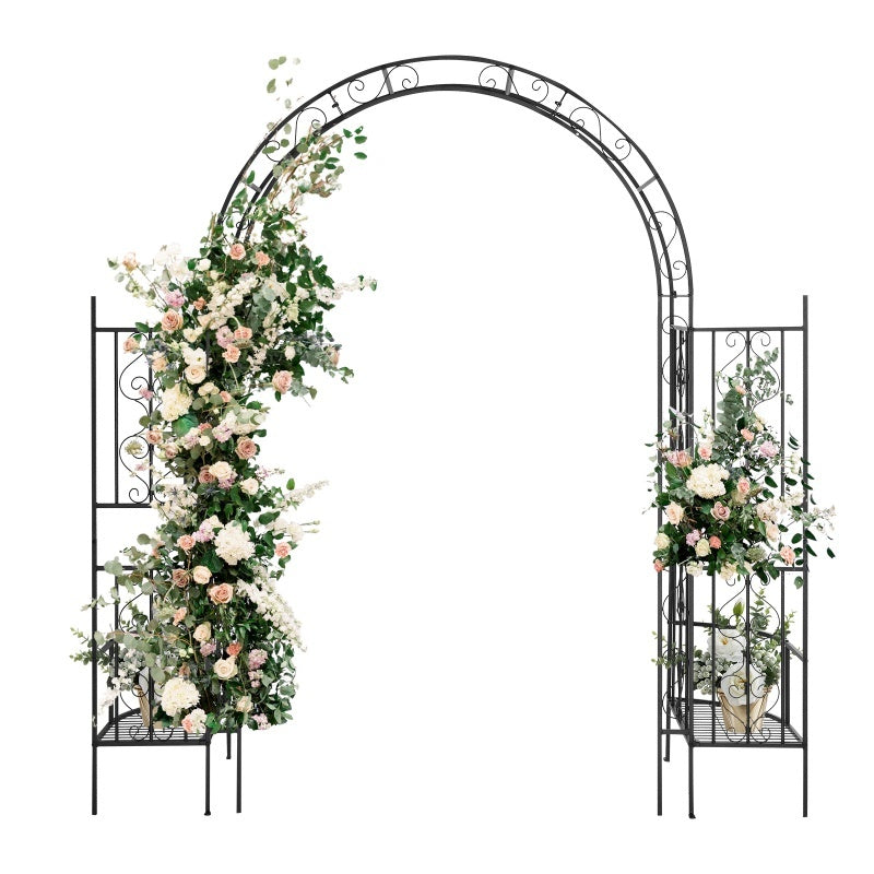 7ft Double-layer Curved Roof With Screen, Planting Frame, Black Wrought Iron Arch Inkedjoy