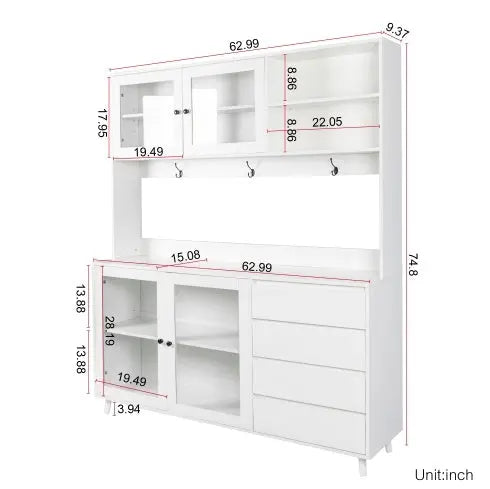 63W Large Kitchen Hutch Cabinet, Freestanding Pantry Cabinets Storage Kitchen Cupboard With 4 Doors, 4 Drawers & Microwave Shelf, White My Store