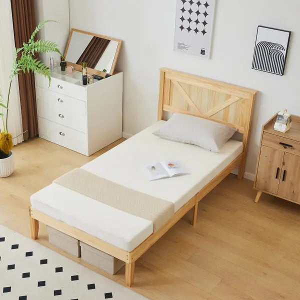 Slanted Headboard, No Footrest, Twin Wooden Bed In Natural Wood Color My Store