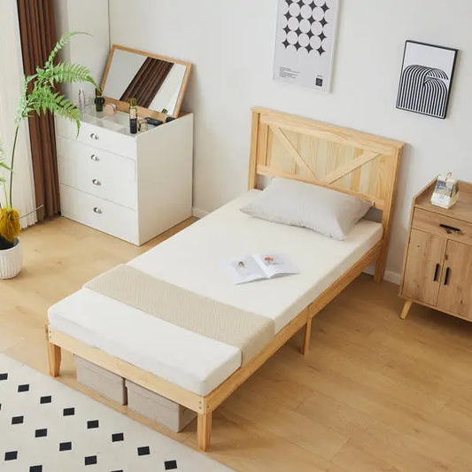 Slanted Headboard, No Footrest, Twin Wooden Bed In Natural Wood Color My Store